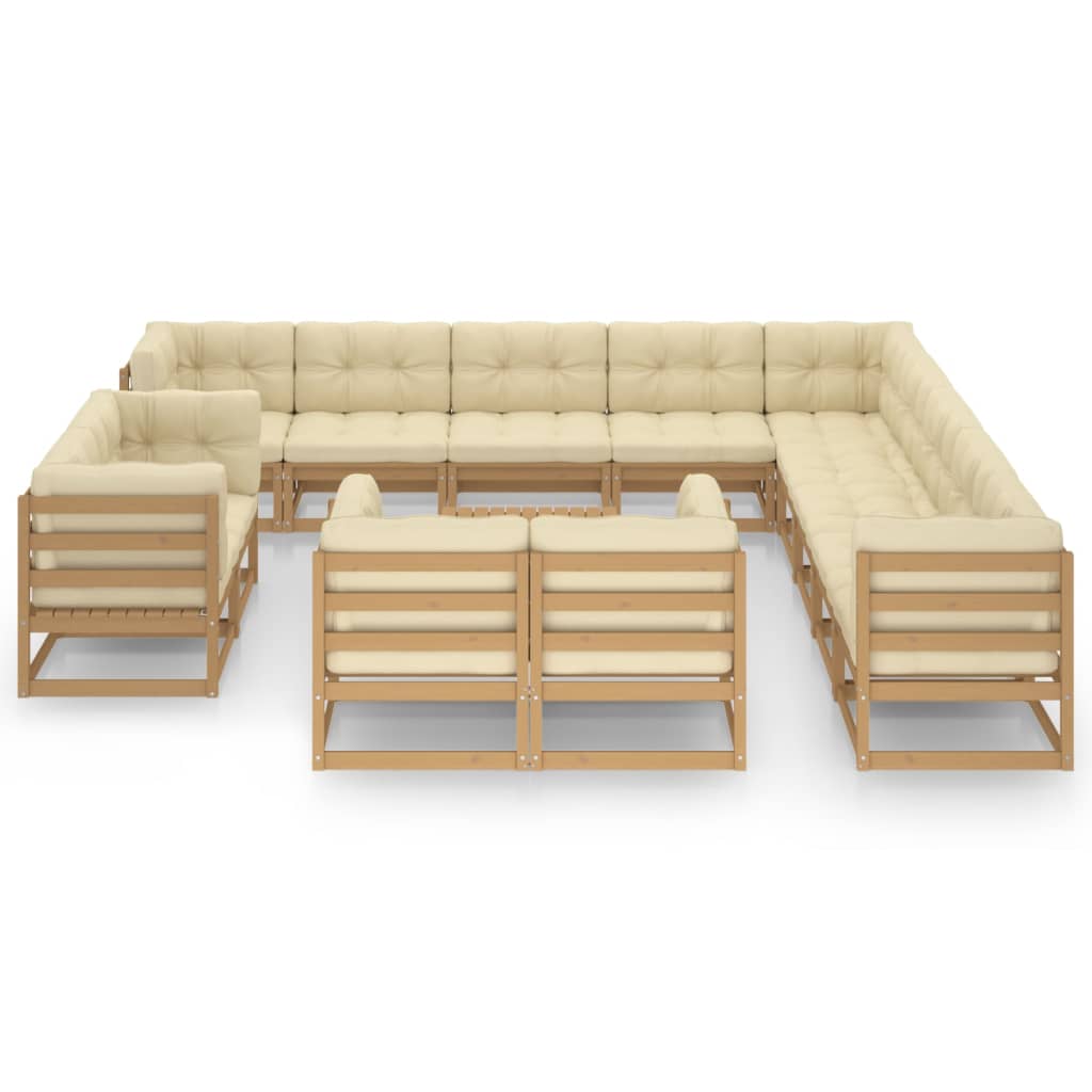 14-tlg. Garten-Lounge-Set Kissen Honigbraun Kiefer Massivholz